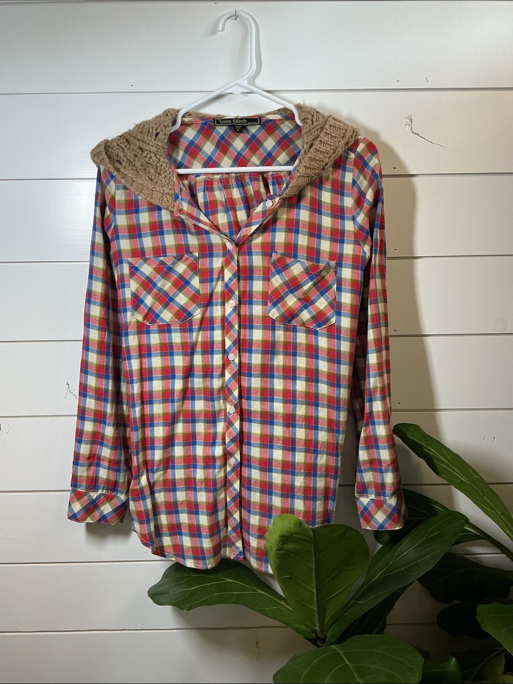 NWOT Love Stitch Plaid Button-Down with Knit Hood in Red, Blue, Cream, Green